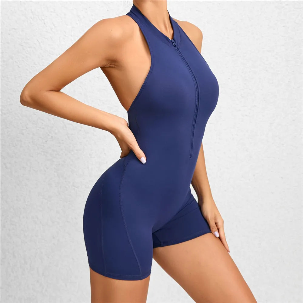 Sleeveless Deep V One Piece Gym Set